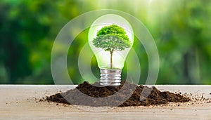 Bulb with a green tree inside in front of natural landscape. Renewable engeries concept