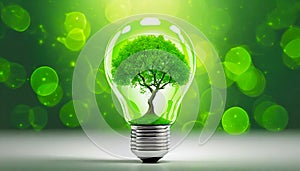Bulb with a green tree inside on green bokeh background. Renewable engeries concept