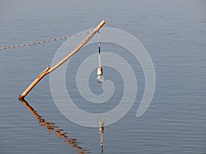 Bulb lamp hanging over water surface in a fish farm