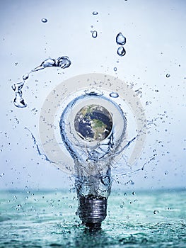 Bulb Led lamp with the Earth inside with water splashes