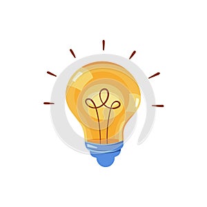 Bulb light in cartoon style, vector illustration. Hand drawn idea icon, isolated color element on white background