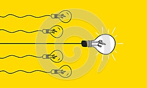 Bulb light on and others off behind. Concept of leadership and education. Creating good ideas. Vector illustration