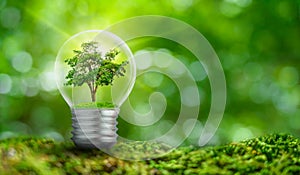 The bulb is located on the inside with leaves forest and the trees are in the light. Concepts of environmental conservation and