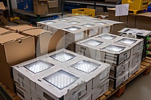 bulb shipping delivery package business warehouse box storage cardboard distribution. Generative AI.