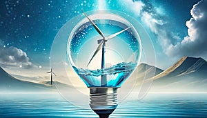 Bulb with a wind turbine inside on natural background.