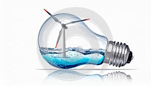 Bulb with a wind turbine inside on white background.