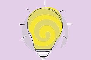 Bulb with yellow light in cartoon style. Hand drawn