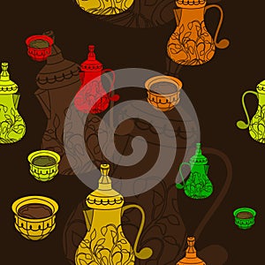 Bulbous Arab Coffee Pot and Cup Vector Illustration Dark Background Seamless Pattern