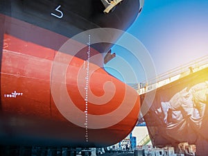 Close up Frontal view, Bulbous bow ship mooring in floating dry dock