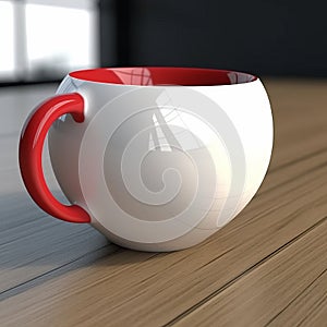 Bulbous Red And White Coffee Mug On Wooden Table