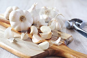 Bulbs of garlic on cutting board and garlic press