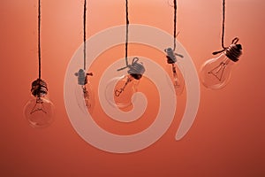 Bulbs hanging on laces on a red background