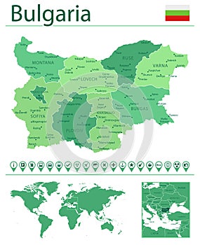 Bulgaria detailed map and flag. Bulgaria on world map