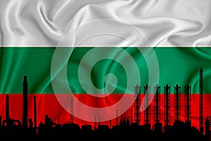 Bulgaria flag, background with space for your logo - industrial 3D illustration.Silhouette of a chemical plant, oil refining, gas