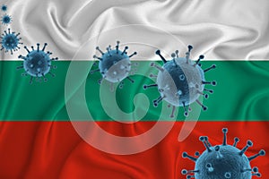 Bulgaria flag. Blue viral cells, pandemic influenza virus epidemic infection, coronavirus, infection concept. 3d-rendering