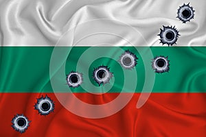 Bulgaria flag Close-up shot on waving background texture with bullet holes. The concept of design solutions. 3d rendering
