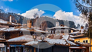 Bulgaria Koprivshtitsa old city cobblestone street in winter