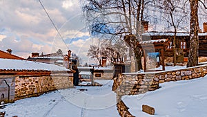 Bulgaria Koprivshtitsa old city cobblestone street in winter