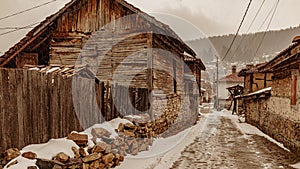 Bulgaria Koprivshtitsa old city cobblestone street in winter