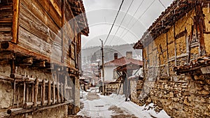 Bulgaria Koprivshtitsa old city cobblestone street in winter