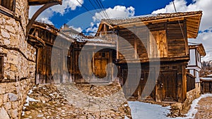 Bulgaria Koprivshtitsa old city cobblestone street in winter