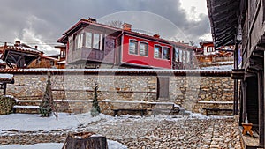 Bulgaria Koprivshtitsa old city cobblestone street in winter