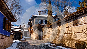 Bulgaria Koprivshtitsa old city cobblestone street in winter