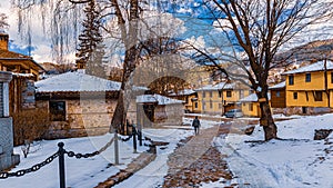 Bulgaria Koprivshtitsa old city cobblestone street in winter