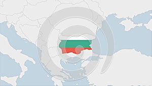 Bulgaria map highlighted in Bulgaria flag colors and pin of country capital Sofia