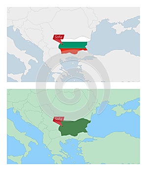 Bulgaria map with pin of country capital. Two types of Bulgaria map with neighboring countries