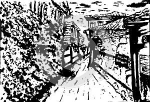 Bulgaria, Nessebar. Panorama, sketch of old streets. monochrome sketch of the city, doodling drawn by hand. vector collage, sketch