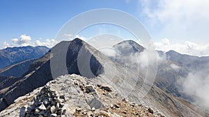 Bulgaria, Pirin Mountains, Kutelo 2 Peak, Kutelo 1 Peak and Vihren Peak.