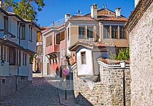 Narrow alley old medieval city. Plovdiv, Bulgaria