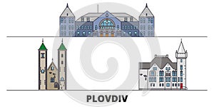 Bulgaria, Plovdiv flat landmarks vector illustration. Bulgaria, Plovdiv line city with famous travel sights, skyline