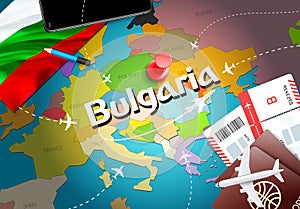 Bulgaria travel concept map background with planes, tickets. Visit Bulgaria travel and tourism destination concept. Bulgaria flag