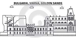 Bulgaria, Varna, Golden Sands line skyline vector illustration. Bulgaria, Varna, Golden Sands linear cityscape with