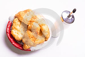 Bulgarian breakfast, fried dough with sugar -