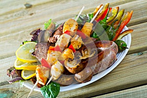 Bulgarian cuisine meshana scara with different grilled meat and vegetables