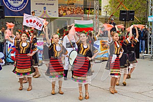 Bulgarian girls folklore dancing outdoor performance