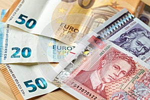 Bulgarian lev next to the common currency of the European Union, the Euro, Concept of Bulgaria accession to the eurozone, economic
