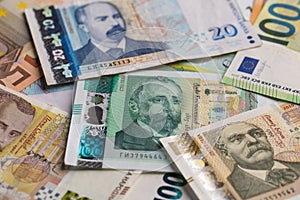 Bulgarian Leva and Euro Banknotes Scattered Full Frame Background