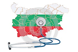 Bulgarian map with stethoscope, national health care concept, 3D rendering