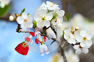 Bulgarian Martenitsa on blossoming tree branch