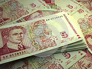 Bulgarian money. Bulgarian lev banknotes. 5 BGN levove bills