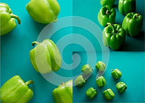 Bulgarian peppers are green on a green background. Fresh and crunchy.Vegetarian food. Collage