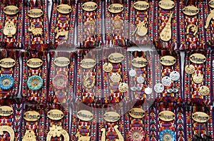 Bulgarian souvenirs handmade with traditional embroideries with the inscription Zheravna, Bulgaria