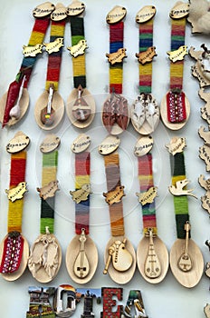 Bulgarian souvenirs handmade with wooden spoons, gurgles and bagpipes in village of Zheravna, Bulgaria, Europe