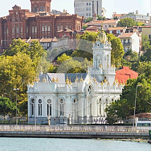 Bulgarian St. Stephen Church, Phanar Greek Orthodox College in the far end, Balat district, Istanbul, Turkey