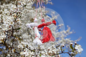 Bulgarian traditional spring decor martenitsa on the blossom tree. Baba Marta holiday.
