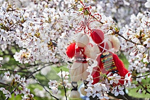 Bulgarian traditional spring decor Martenitsa on the cherry blossom tree. Baba Marta holiday.